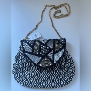 Francesca’s Boho Glass Beaded And Metal Black & White Moon Shaped Gold Crossbody